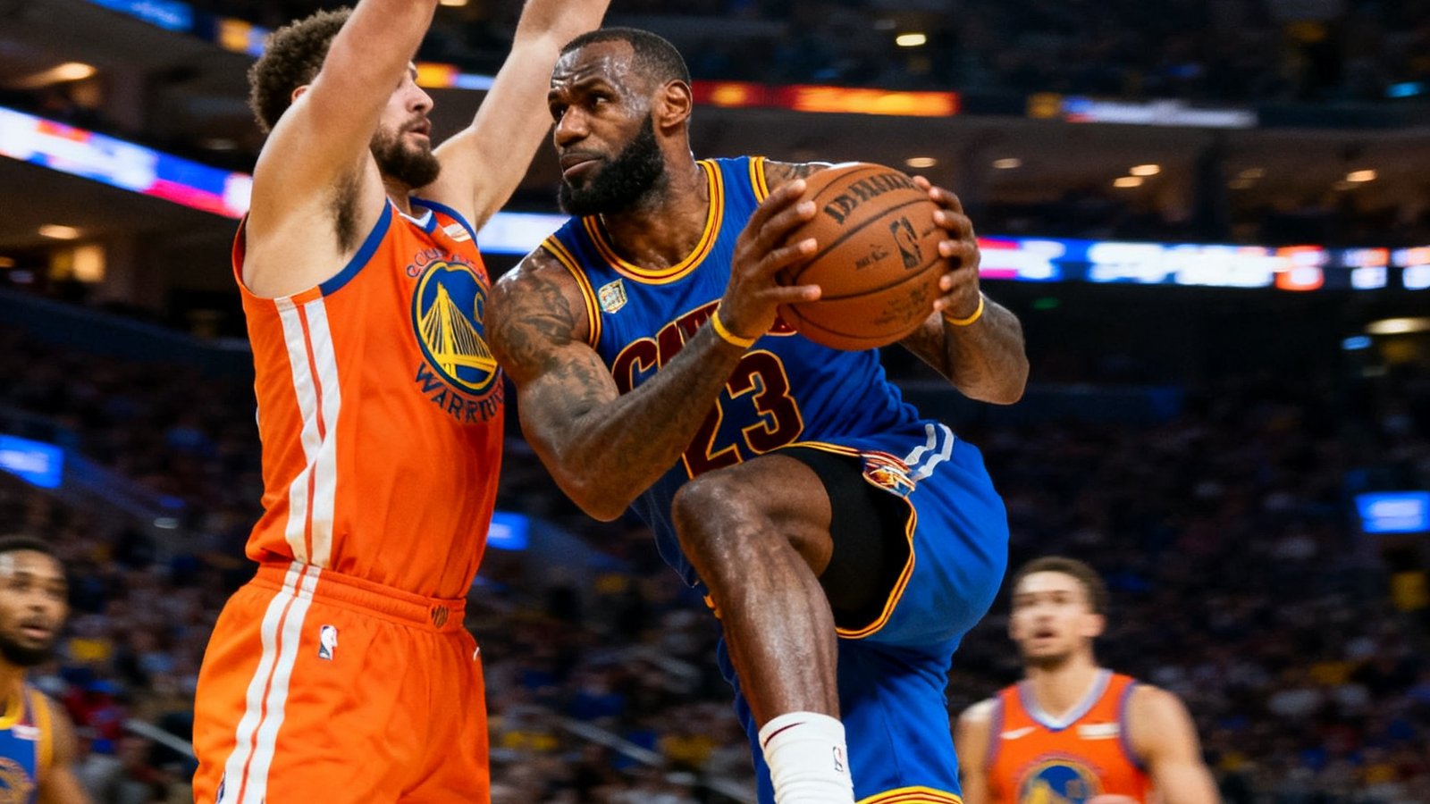 NBA季后赛洛杉矶湖人队勒布朗·詹姆斯持球突破金州勇士队防线，飞身上篮的激烈对抗画面